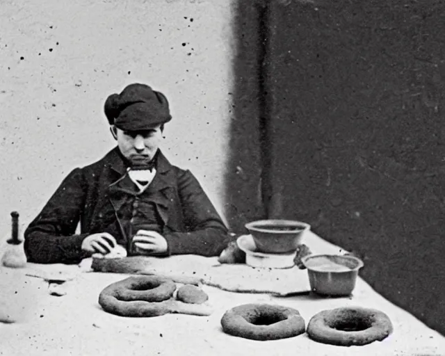 Image similar to an early 1800s photo of someone sitting at a computer making a donut in blender3d