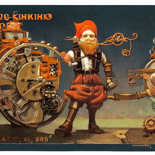 Image similar to bioshock steampunk orange mohawk Streetfighter Gnome Santa riding an intricate clockwork gearwork automaton springs gears bolts wires golem vehicle traveling stamp postcard winslow homer craig j. spearing thomas eakins