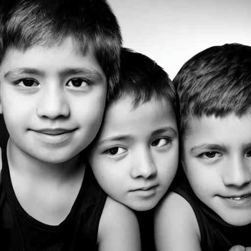 Prompt: one girl and three boys, they are siblings, black background, highly detailed 4 k photography