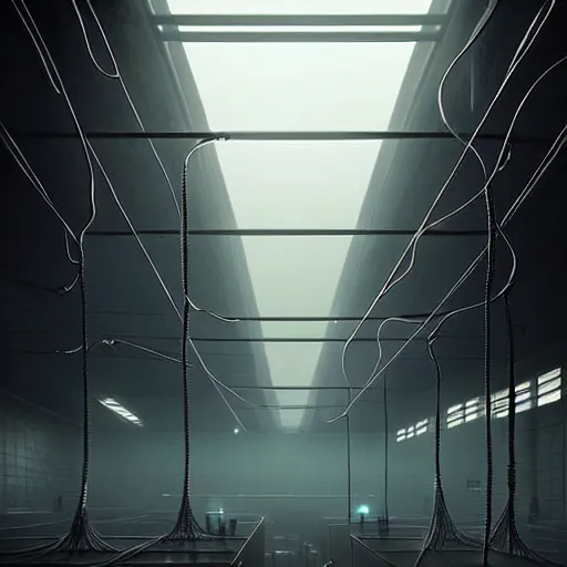 Prompt: professional ominous concept art architecture of a black metalic room with cables hanging from the ceiling by artgerm and greg rutkowski. an intricate, elegant, highly detailed digital painting, concept art, smooth, sharp focus, illustration, in the style of simon stalenhag, wayne barlowe, and igor kieryluk. ( low camera angle )