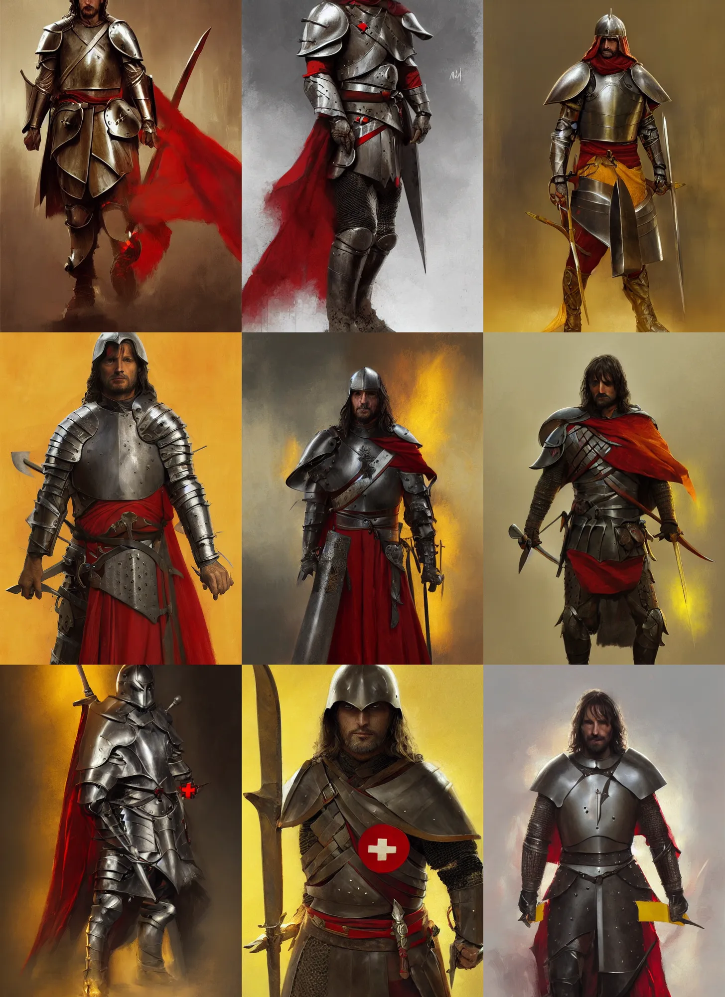 Prompt: aragorn medieval armor, dark, red cross on yellow flag, intricate, highly detailed, smooth, artstation, digital illustration, ruan jia, mandy jurgens, rutkowski
