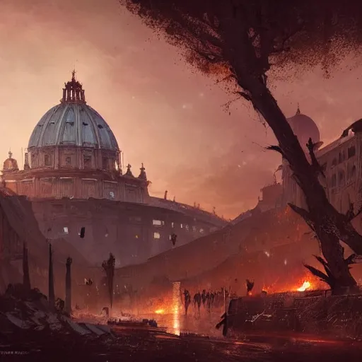 Image similar to rome in a post apocalyptic earth as seen by greg rutkowski, dark theme, enchanted, warm colors, high quality, waw, trending on artstation