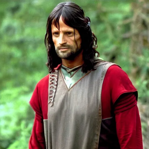 Prompt: A still of Aragorn as Scotty on Star Trek: The Original Series, red shirt, sharp focus, high quality, very realistic, 4k