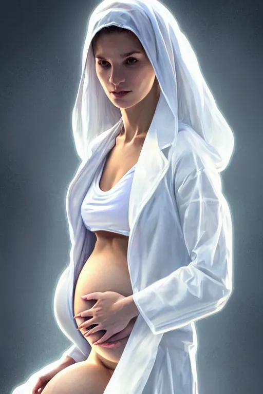 Image similar to pregnant anthony fauci in a translucent white lab coat, realistic portrait, symmetrical, highly detailed, digital painting, artstation, concept art, smooth, sharp focus, illustration, cinematic lighting, art by artgerm and greg rutkowski and alphonse mucha