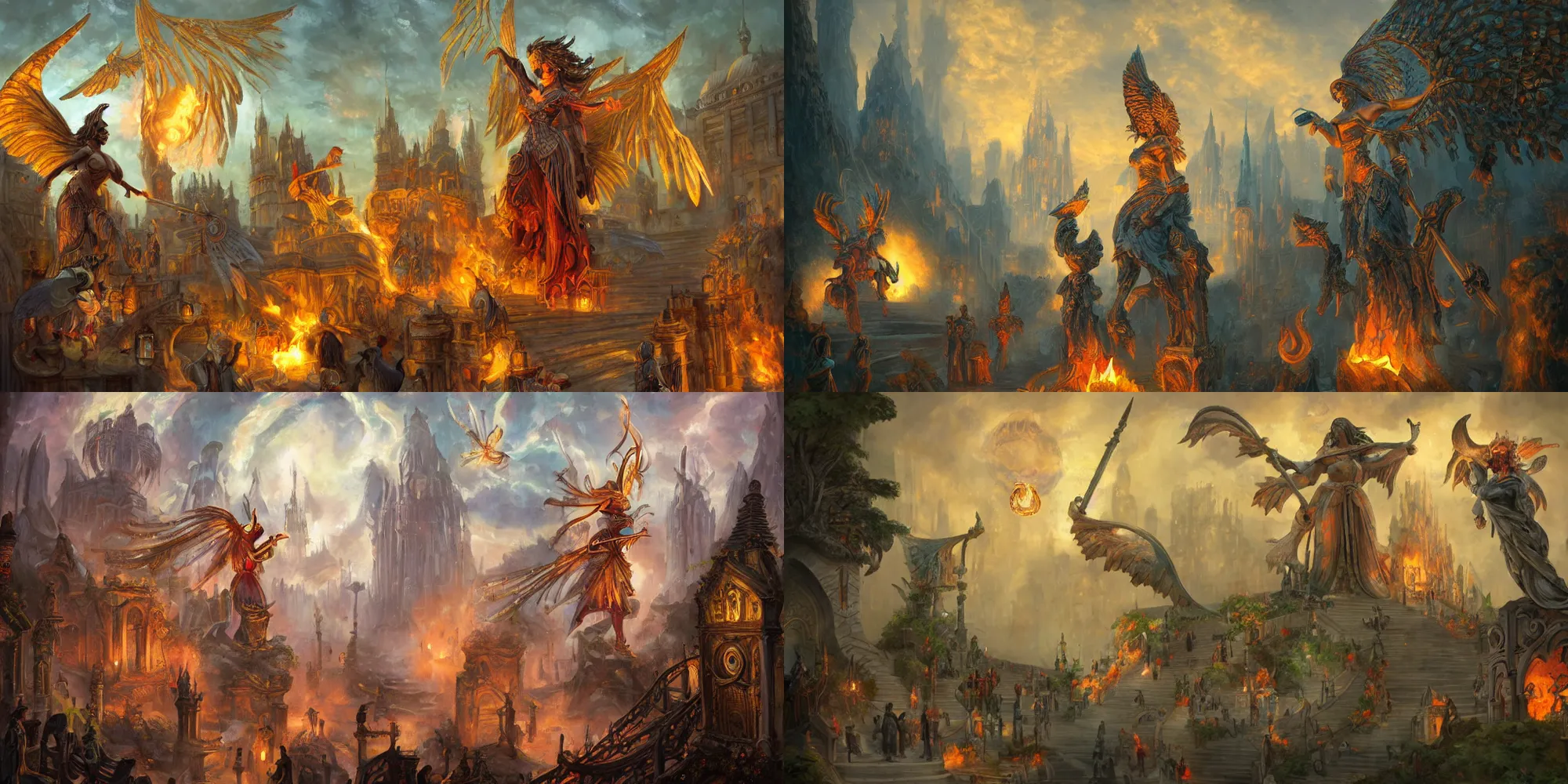Prompt: Painting of a fantasy city, two large stairs leads to a large woman statue with wings, this statue has wings on its back, the fire lights on its spear, in the foreground is a poor human, in the background are several people and gnomes walking on the streets