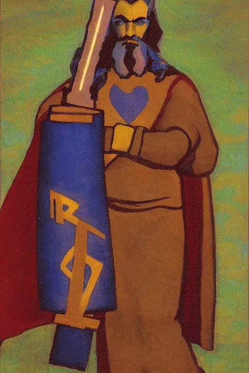 Image similar to thor holding the hammer, marvel, artwork by nicholas roerich,