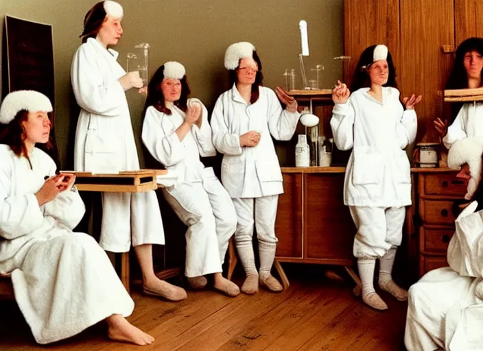 Image similar to realistic photo of a group of medieval female scientists wearing white shorts, beautiful faces covered with white plates, watching at a levitating fluffy furry cloud, in a living room laboratory with many wooden gadgets made of wood interior is made of wood 1 9 9 0, life magazine reportage photo, natural colors