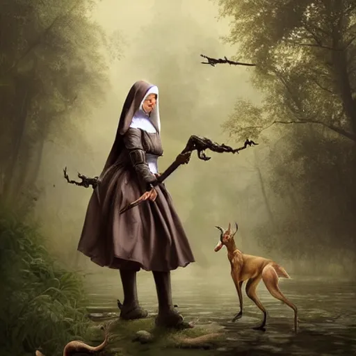 Image similar to A masterpiece ultrarealistic ultradetailed portrait of a Incredibly beautiful maid baroque renaissance swamp nun girl with darth vaider head hunting on deer with russian greyhound medium shot, intricate, elegant, highly detailed. trending on artstation, digital art, by Stanley Artgerm Lau, WLOP, Rossdraws, James Jean, Andrei Riabovitchev, Marc Simonetti, Yoshitaka Amano. background by James Jean and Gustav Klimt, light by Julie Bell, 4k, porcelain skin.