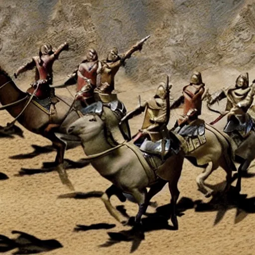 Prompt: the rohirrim riding into battle on camels at minas tirith