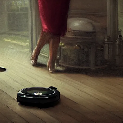 Image similar to A humble roomba butler attempts to serve food to guests at a fancy houseparty, 4k, trending on Artstation, art by Greg Rutkowski