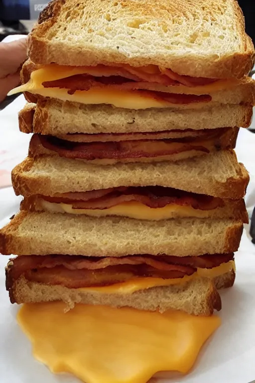 Image similar to a bacon and cheddar sandwich, the size of a builing