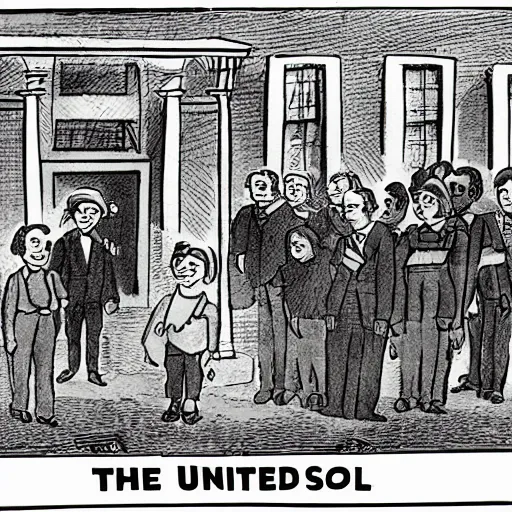 Prompt: the first day of school in the United States, political cartoon