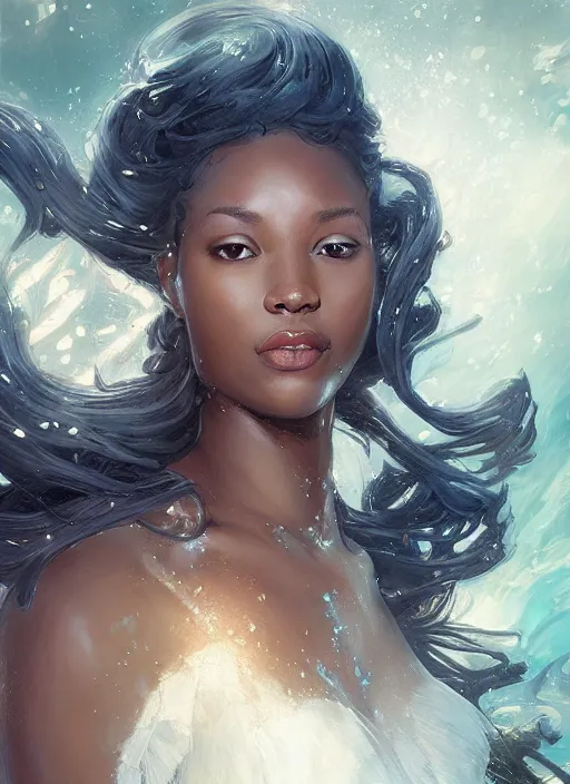 Image similar to Portrait of black mermaid, underwater, white lilies, shells, marvel comics, dark, intricate, highly detailed, smooth, artstation, digital illustration by Ruan Jia and Mandy Jurgens and Artgerm and Wayne Barlowe and Greg Rutkowski and Frank Frazetta