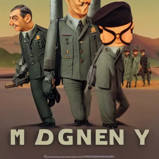 Prompt: Mr Bean Joins The Army (1999), movie poster painting by Grant Wood, 3D rendering by Beeple, sketch by R. Crumb H 640