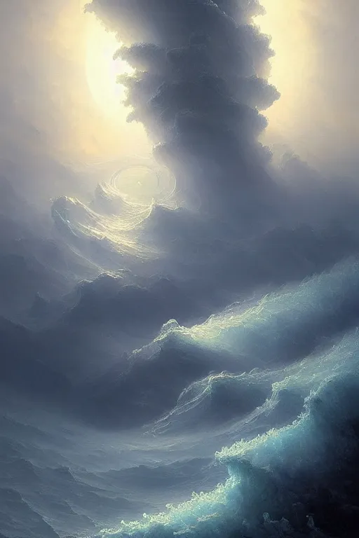 Image similar to A stunning detailed water deity by Ivan Aivazovsky, Peter Mohrbacher , Greg Rutkowski, stormy ocean, beautiful lighting, full moon, detailed swirling water tornado, artstation