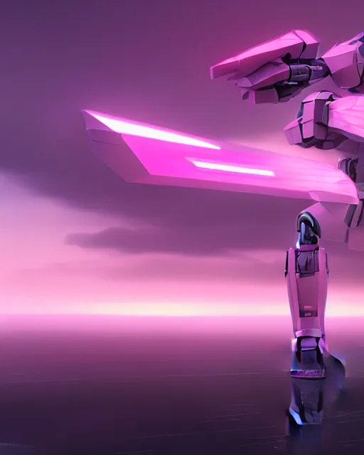 Image similar to hyperrealistic 3d render mecha iridescent pink cloudy landscape background concept art vray ute osterwald de chirico sharp cinematic very moody light 8k low angle shallow depth of field