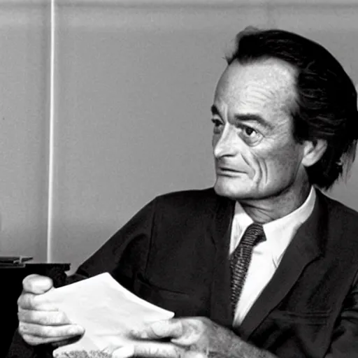 Image similar to Richard Feynman being disappointed by the fact that he bought some shitcoins on some shady cryptocurrency exchange