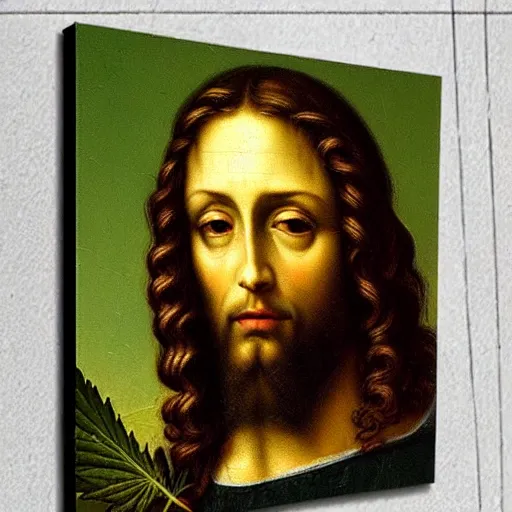 Image similar to an impasto oild painting of jesus holding a cannabis leaf painted by leonadro da vinci, rennaissance painting, high detailed oil painting, masterpiece, artstation