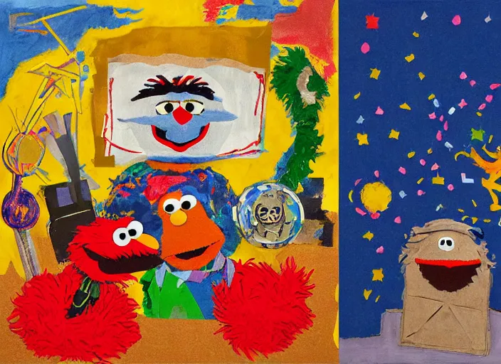 Image similar to expressionistic decollage painting trash can toter as tarot card fool with sesame street elmo and kermit muppet on a horse knight in a dark red cloudy night sky background and golden foil jewish stars , mountain lake and blossoming field in background, painted by Mark Rothko, Helen Frankenthaler, Danny Fox and Hilma af Klint, microsoft paint art, semiabstract, color field painting, byzantine art, jpeg compression artifact, pop art look, naive, buff painting, fractal art. Barnett Newman painting, part by Philip Guston and Frank Stella art by Adrian Ghenie, 8k, extreme detail, intricate detail, masterpiece