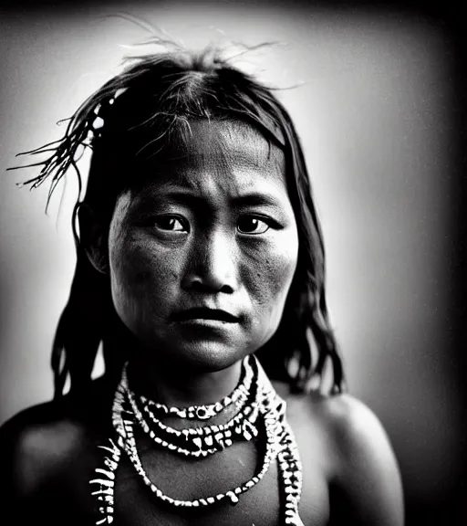 Image similar to Award winning Editorial photograph of a Hawaiian girl by Lee Jeffries, 85mm ND 4, perfect lighting, wearing traditional garb, With huge sharp jagged Tusks and sharp horns, gelatin silver process