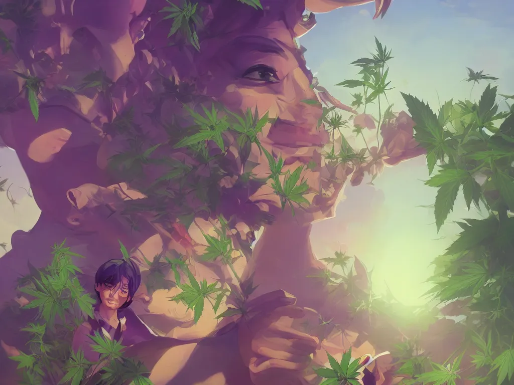 Image similar to kid with green purple flowers of marijuana hemp cannabis, behance hd by jesper ejsing, by rhads, makoto shinkai and lois van baarle, ilya kuvshinov, rossdraws global illumination, golden ratio, symmetrical beauty face