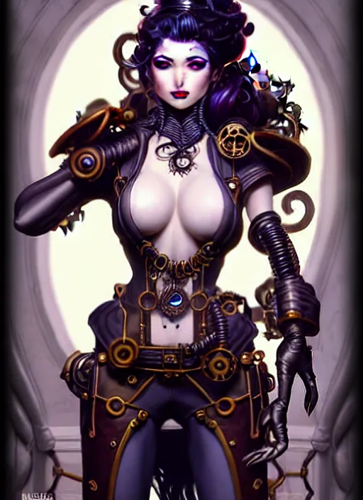 Prompt: front portrait hiding hands pose of attractive Lady Mechanika with wavy hair using white gloves, hands behind her!, Intricate steampunk imagery , D&D!, fantasy style, sharp focus!, ultra detailed, art by Artgerm and Peter Andrew Jones, WLUP