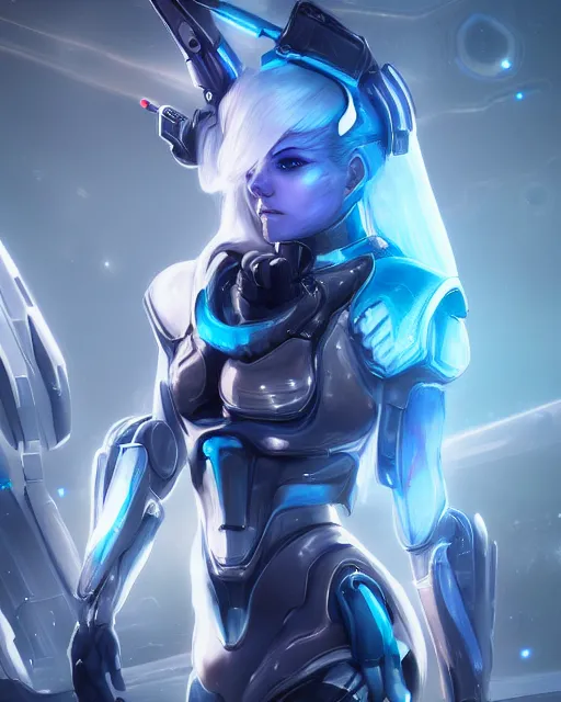 Image similar to perfect android girl on a mothership, warframe armor, beautiful face, scifi, futuristic, galaxy, nebula, raytracing, dreamy, long white hair, blue cyborg eyes, sharp focus, cinematic lighting, highly detailed, artstation, divine, by gauthier leblanc, kazuya takahashi, huifeng huang