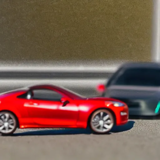 Image similar to a red haired woman driving a Jada toys mitsubishi eclipse green diecast car, high resolution macro photo, viewed through the cars window