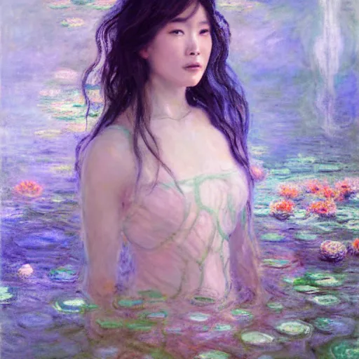 Image similar to the oracle of waters by ross tran and claude monet, oil on canvas