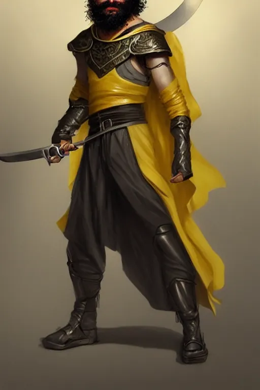 Image similar to Arab man light beard, curly hair, swordsman, modern, hero, yellow and charcoal leather, character concept art, costume design, trending on artstation, Artgerm , WLOP