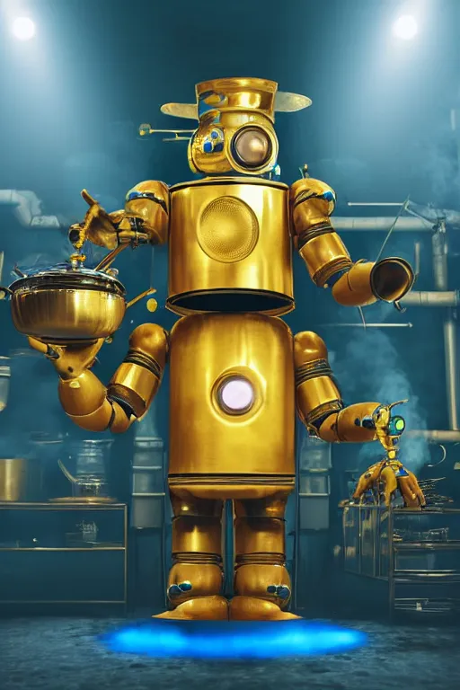 Image similar to portrait photo of a giant golden and blue metal steampunk robot chef wearing a big chef hat, with steaming pots and pans and tubes, eyes are green lights, shiny crisp finish, 3 d render, 8 k, insaneley detailed, fluorescent colors, background is multicolored lasershow