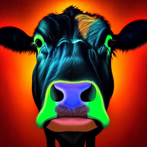 Image similar to digital painting of a guernsey cow by filipe pagliuso and justin gerard, symmetric, neon colours, highly, detailed, realistic, intricate