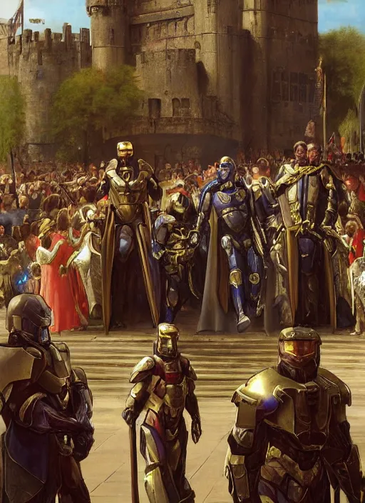 Prompt: halo master chief in a medieval royal procession by wlop and kev walker and edmund blair leighton and daniel f. gerhartz