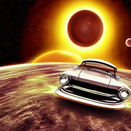 Image similar to 1960s car on a road in space driving towards a planet, trending on art station