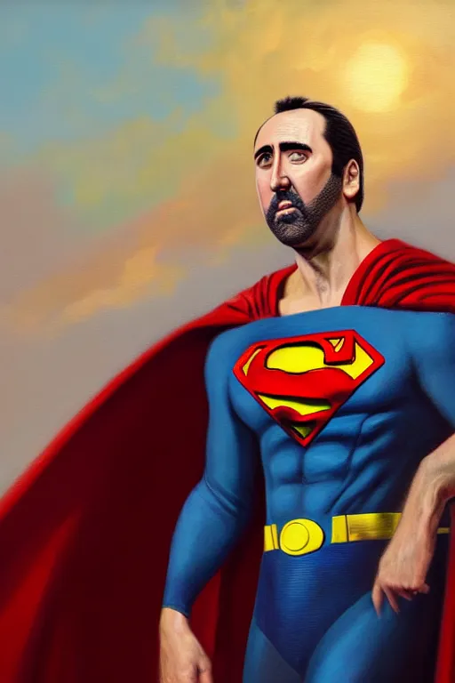 Prompt: portrait of nicolas cage as superman looking away from the camera, intricate, hyperrealistic, extremely detailed oil painting by simon stalenhag and greg rutkowski, artstation