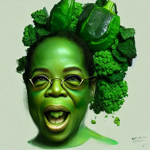 Image similar to a dish of oprah winfreys face fused with okra veg with green stalky ( ( green oprah winfrey's face ) ), oprah okra winfrey sentient veg, by greg rutkowski