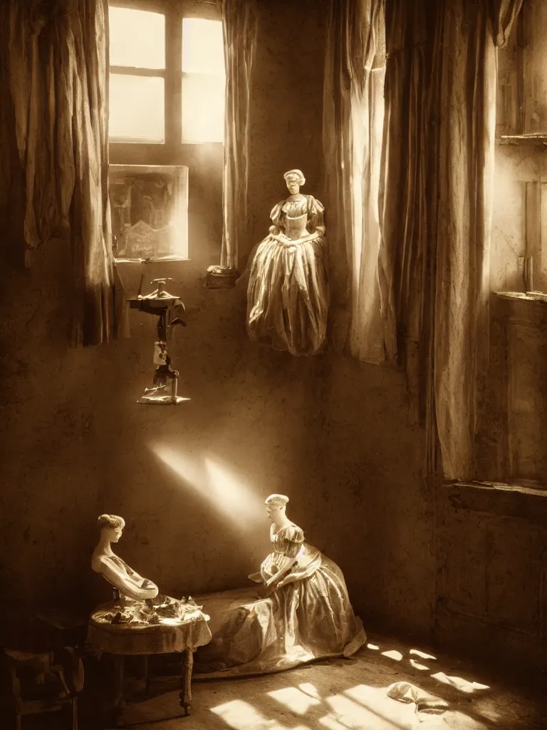 Image similar to old photography of a beautiful automaton girl in a victorian room, small windows, antiquities, ray of light, man ray, alfred ghisoland, gregory crewdson, 4 k,