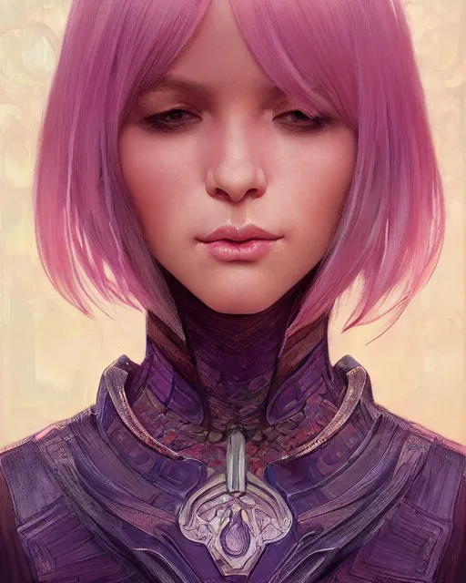 Image similar to portrait of a half elf woman with pink layered bob haircut, intricate, elegant, highly detailed, digital painting, artstation, concept art, smooth, sharp focus, illustration, art by artgerm and greg rutkowski and alphonse mucha and uang guangjian and gil elvgren and sachin teng and wlop, symmetry