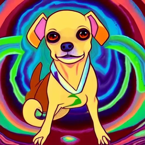 Image similar to a chihuahua with a third eye living in an extradimensional reality, in the style of goof troop, illustration, epic, realistic, hyper detailed, smooth