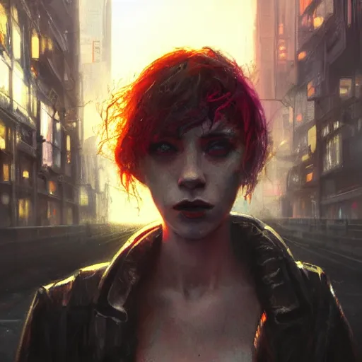 Image similar to molly millions, portrait of a young beautiful cyberpunk woman, mirror eye implants, black hair in a rough shag, street samurai, sunset, neuromancer, cyberpunk city background, megacity, gorgeous view, depth, painted by seb mckinnon, high detail, digital art, painted by greg rutkowski, trending on artstation