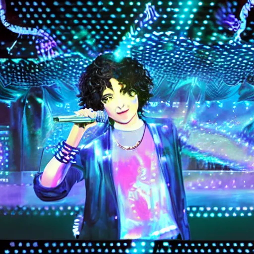 Image similar to a male singer on a stage with curly brown hair and blue eyes, a hologram concert by yasutomo oka and krenz cushart, featured on pixiv, holography, seapunk, anime, glowing lights. vocaloid. hyper realistic. photograph.