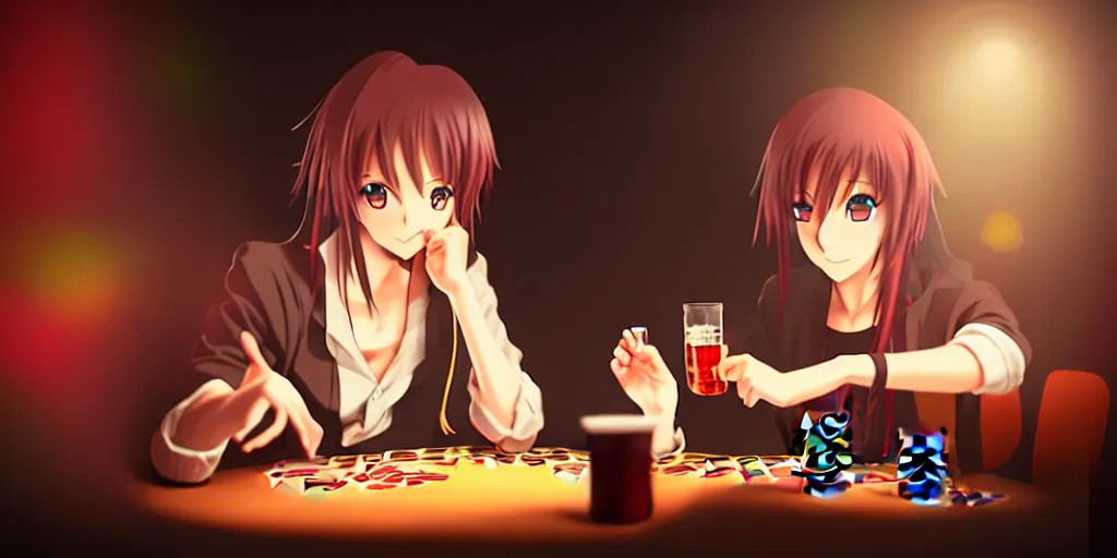Prompt: anime character playing poker and drinking in a cozy bar 1 1 1 1, volumetric lighting, hyper real, pencil art, moody lighting, cute, comfy