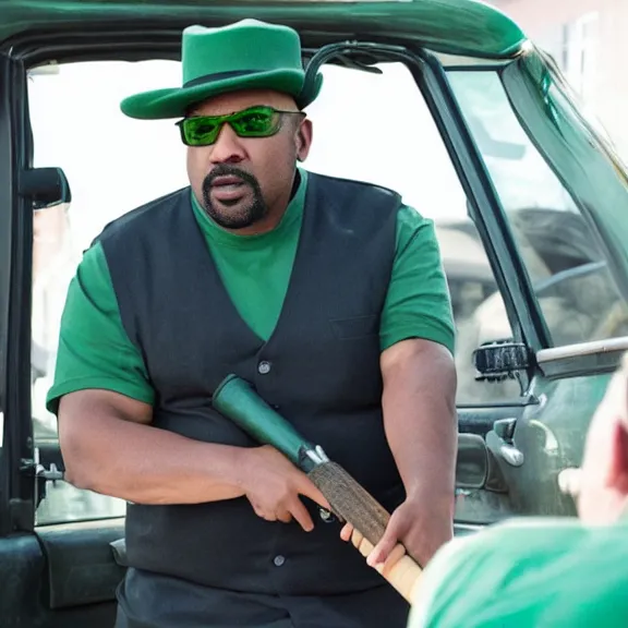 Prompt: Still of Big Smoke with green clothing with a baseball bat and trilby hat in Better Call Saul