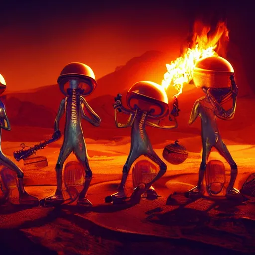 Image similar to ultra detailed a jazz band of aliens playing drums, guitar, saxophone, they are gathered around a flaming dumpster on mars, dark and moody atmosphere, scifi, fantasy, octane render, concept art, bold colours