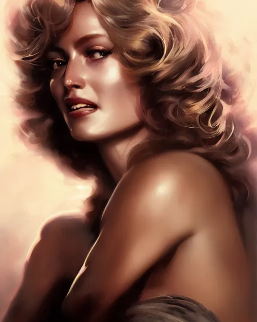 Prompt: photo of farra fawcett, film still, dslr, by greg rutkowski, enoch bolles, ross tran, artgerm, wlop glossy skin, intricate detail, art deco, pearlescent, very coherent, alluring