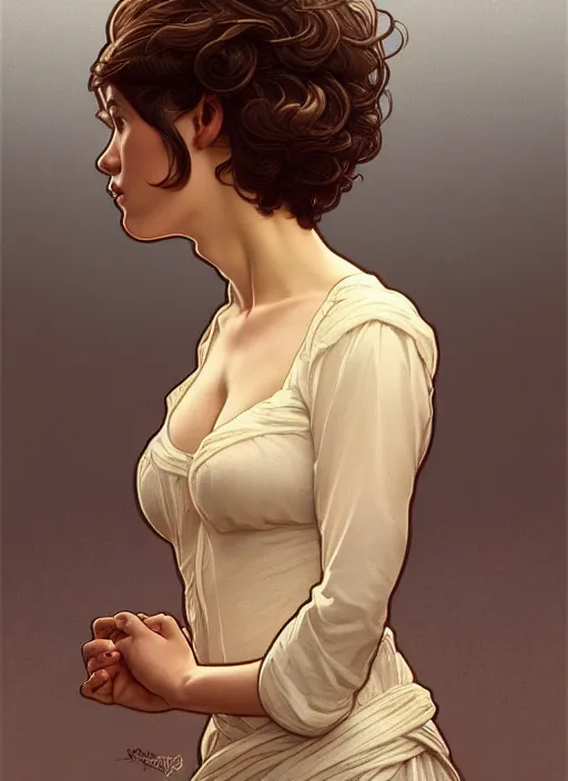 Prompt: full body portrait of a woman with short wavy hair, round face, cottagecore!!, small cup size lake water, intricate, enlightenment, highly detailed, digital painting, artstation, concept art, smooth, sharp focus, illustration, art by artgerm and greg rutkowski and alphonse mucha