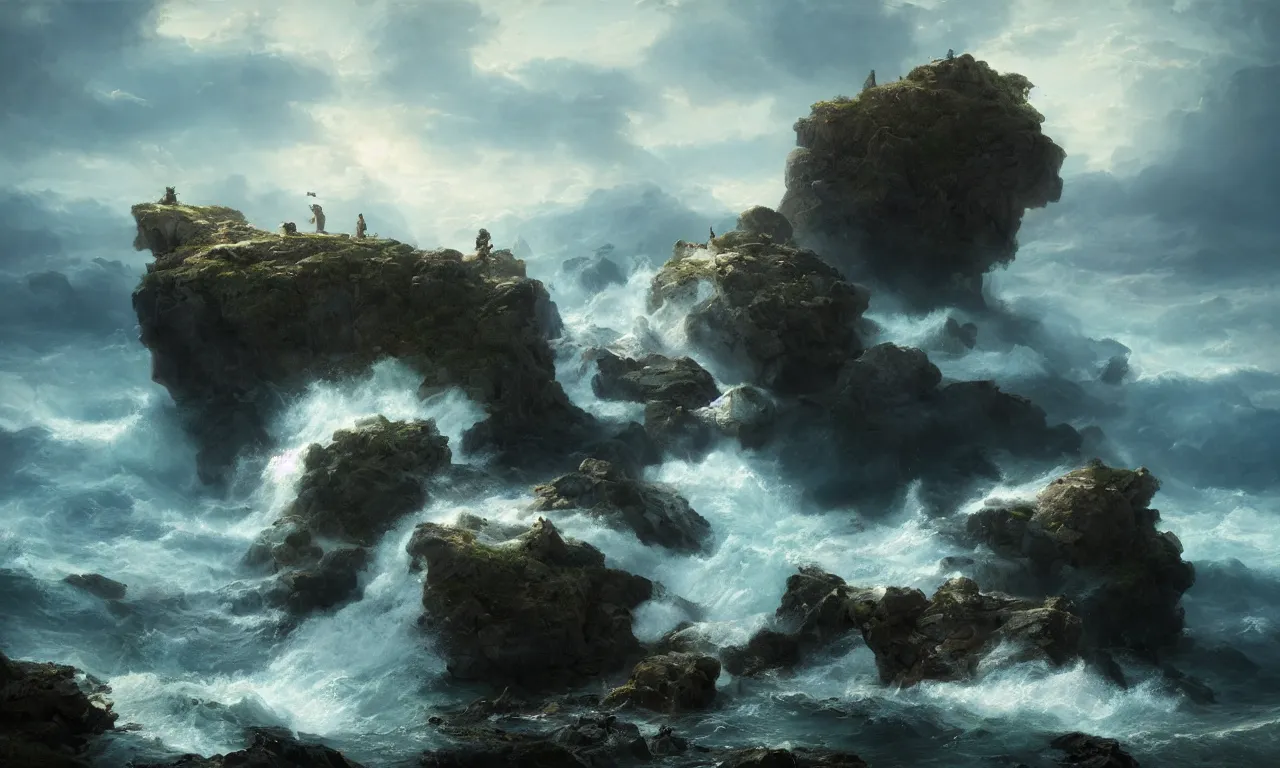 Image similar to crashing on the rocks of cursed island. andreas achenbach, artgerm, mikko lagerstedt, zack snyder, tokujin yoshioka