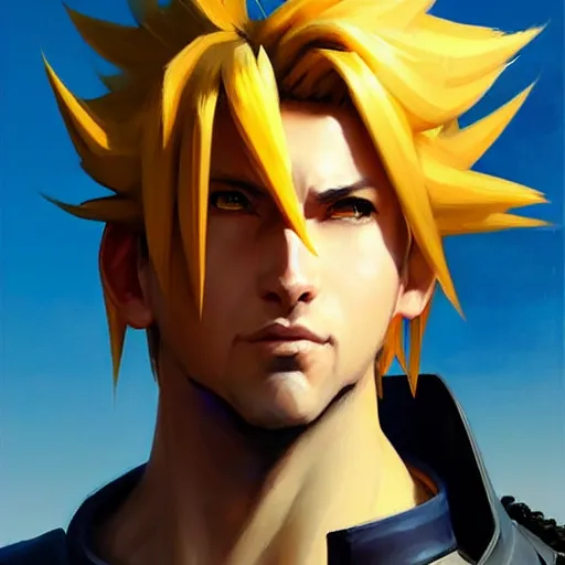 Image similar to Greg Manchess portrait painting o Cloud Strife as Overwatch character, medium shot, asymmetrical, profile picture, Organic Painting, sunny day, Matte Painting, bold shapes, hard edges, street art, trending on artstation, by Huang Guangjian and Gil Elvgren and Sachin Teng