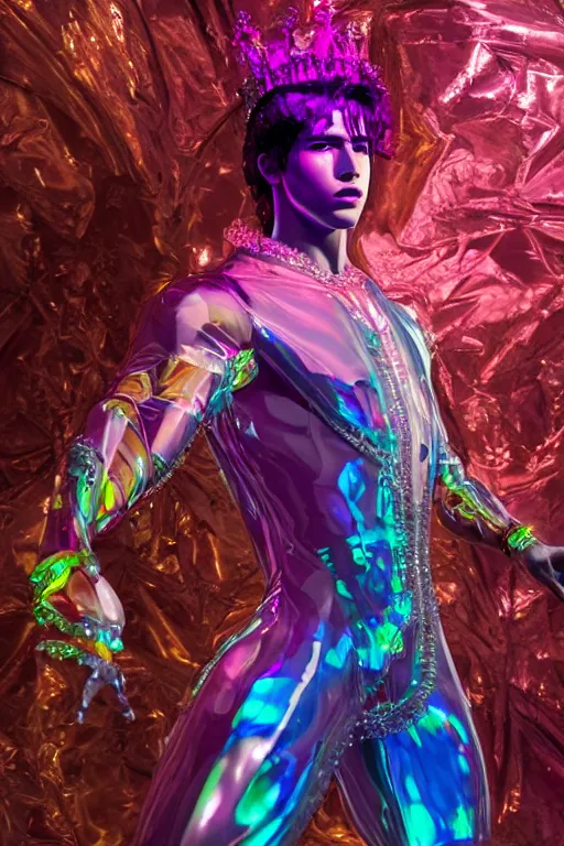 Image similar to hyper detailed ultra sharp fullbody photo of baroque and cyberpunk transparent pink gem sculpture of a muscular seductive young nick jonas feeling muy cachondo, muy dotado, iridescent humanoid deity wearing pink plastic seethrough cloak, holding a rainbow tiger gem, blue diamond, glowing pink face, crown of white diamonds, cinematic lighting, photorealistic, octane render 8 k