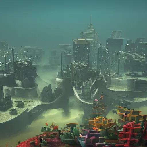 Image similar to a gigantic city base underwater, photo-realistic, colorful, dark, smog, complex, shot by a camera,